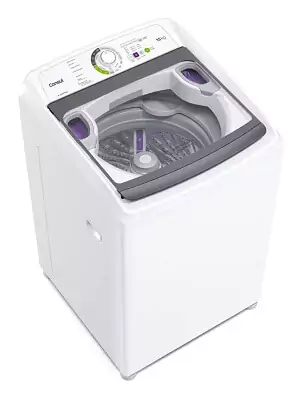 Máquina de lavar com laterais e painel de controle todos brancos, botões de painel analógicos e cesto inox