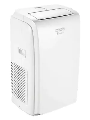 Ar condicionado portátil em branco em formato retangular, com saída de ar pequena na parte superior