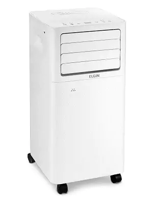 Ar condicionado portátil branco, retangular e estreito, com saída de ar frontal com aletas internas